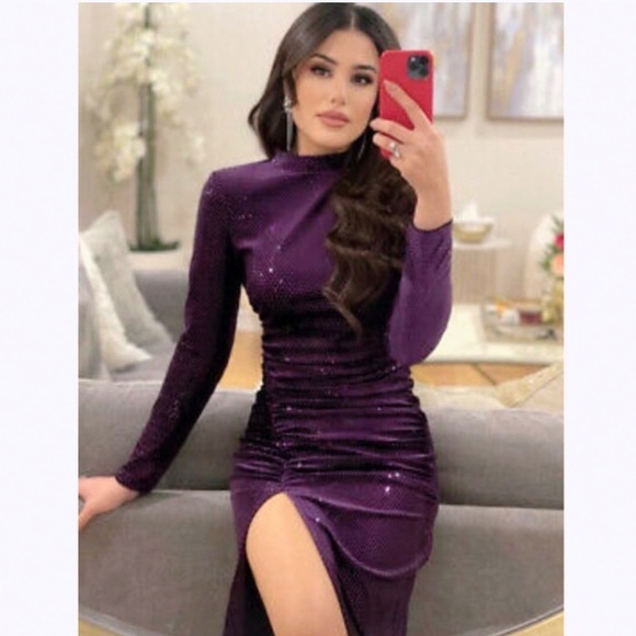 π ZARA FESTIVE DAYS PURPLE SEQUIN MOCK NECK MAXI DRESS! - Picture 4 of 16